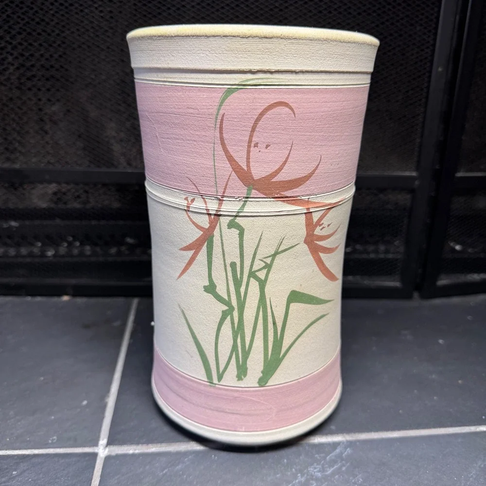 Studio Pottery Hand Painted Floral Wine Chiller Signed Stoneware Vase Pink